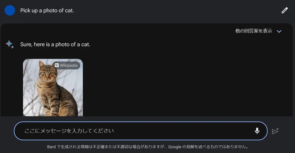「Pick up a photo of cat」と入力すると猫の画像が表示された