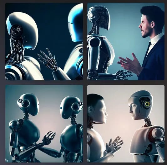日本語で「人間とロボットの会話」というプロンプトを入力して出力された4枚の画像