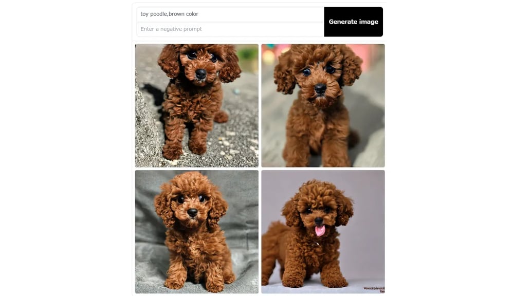 「toy poodle,brown color」というプロンプトを入力して生成された画像