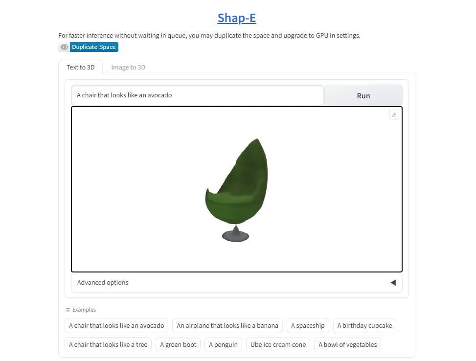 「A chair that looks like an avocado」という指示で表示された3D画像