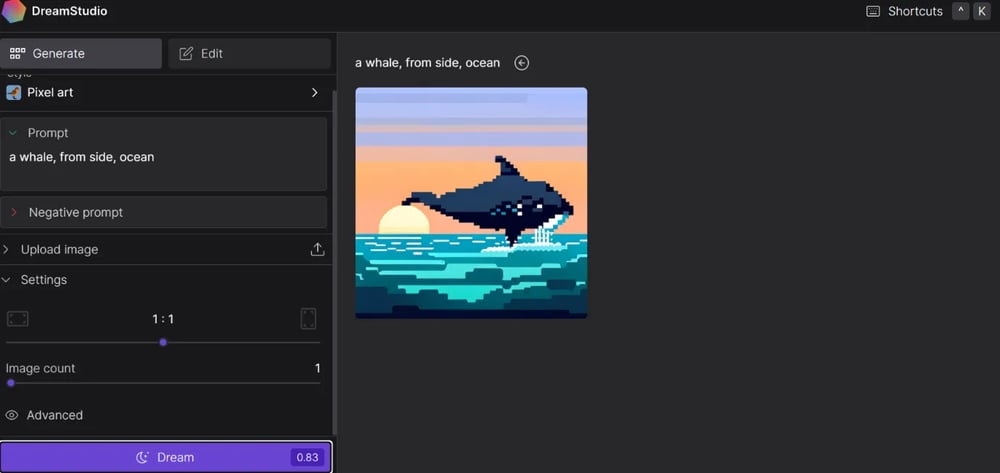 「a whale, from side, ocean」というプロンプトを入力し、スタイルで「Pixel art」に指定して生成された画像