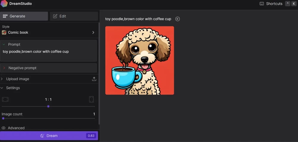 プロンプトに「toy poodle,brown color with coffee cup」と入力し、スタイルを「Comic book」にして生成された画像