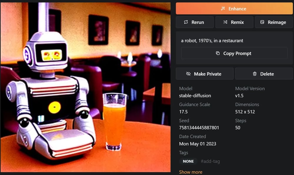 「a robot, 1970’s, in a restaurant」というプロンプトを入力して生成された画像