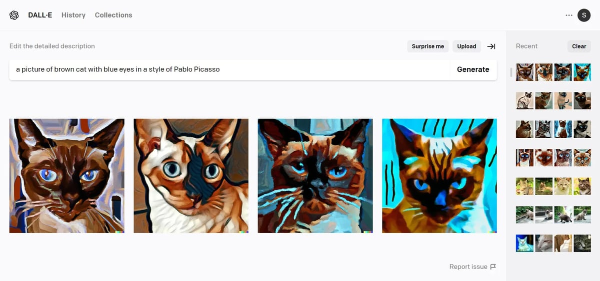 「a picture of brown cat with blue eyes in a style of Pablo Picasso」と入力して生成された4枚の猫の画像