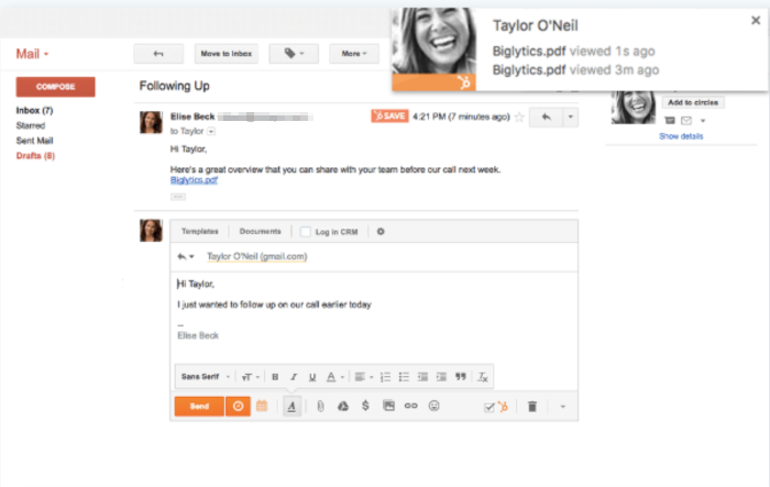 HubSpotのフォローアップ画面