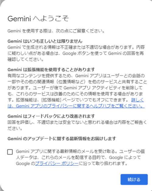 Google Geminiの注意点の画面の画像