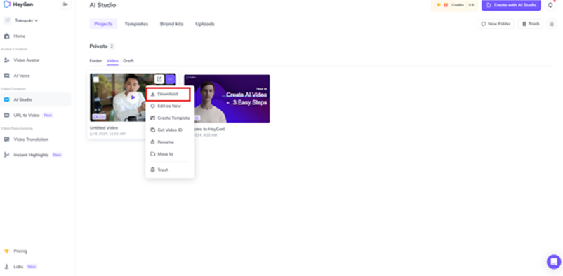 heygenの動画をダウンロードする画像