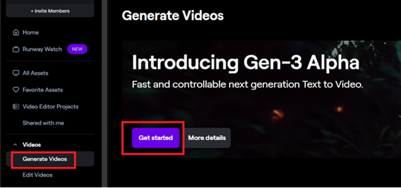 runway-gen2のtext to videoをスタートする画面の画像