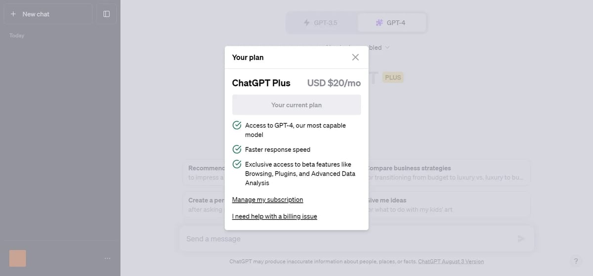 ChatGPT Plusで「My Plan」を開いた画面
