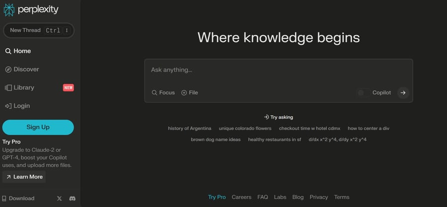 Perplexityにアクセスした画面