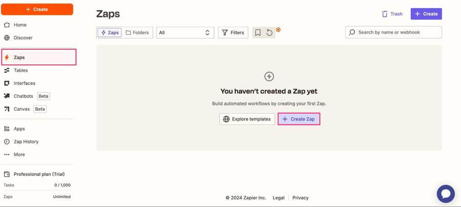 Zapier（ザピアー）とアプリ連携の流れ1.「Create Zap」をクリック