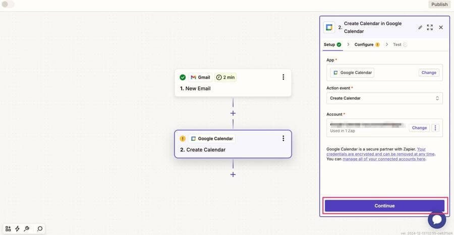 Zapier（ザピアー）とアプリ連携の流れ6.「Continue」をクリック