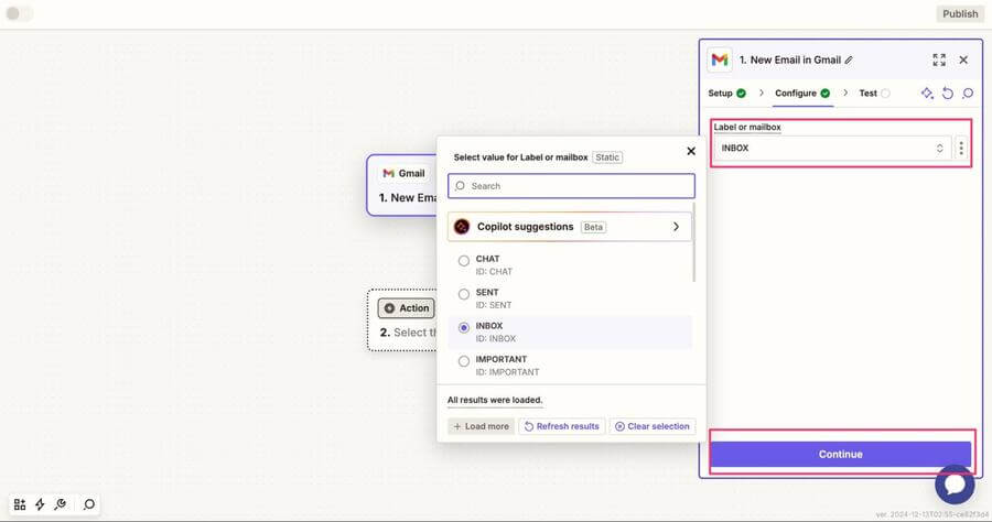 Zapier（ザピアー）とアプリ連携の流れ7.「Label or mailbox」の欄を選択