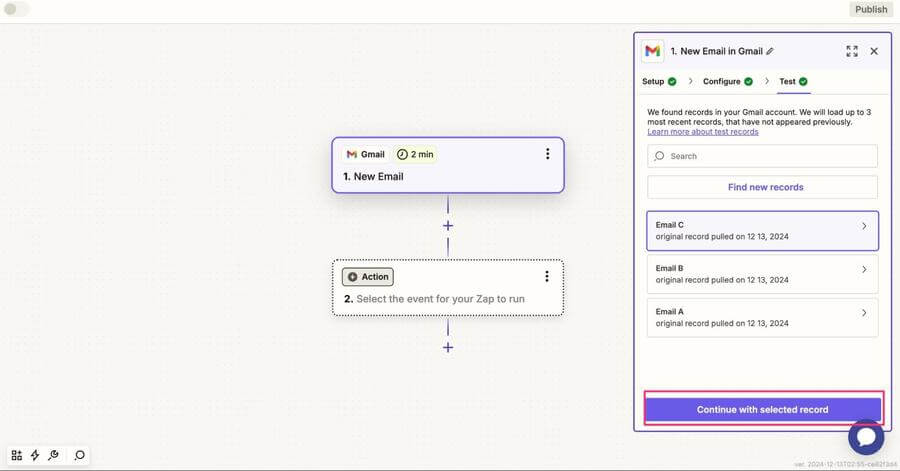Zapier（ザピアー）とアプリ連携の流れ9.「Continue with selected record」をクリック