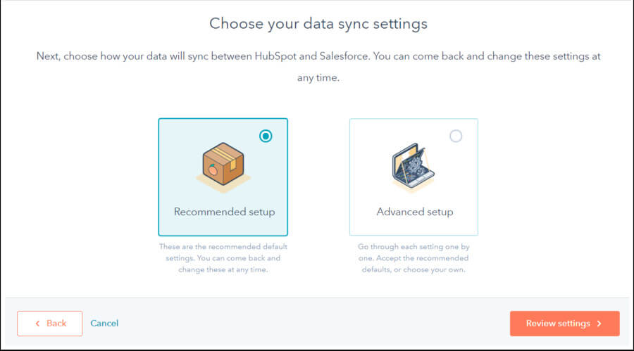 HubSpotとSalesforceデータ同期設定を選択