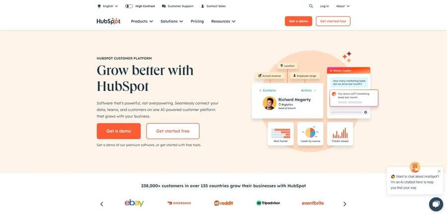 HubSpot公式サイトのトップ画面