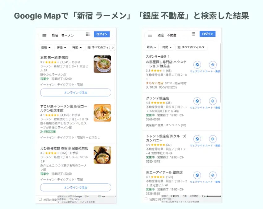 Googleマップで「新宿 ラーメン」「銀座 不動産」の検索結果