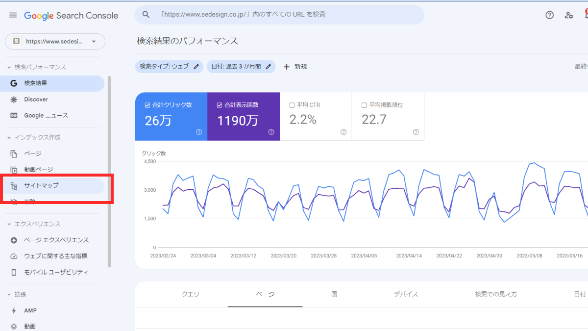 Google Search Consoleにログインし対象のサイトを開いた状態